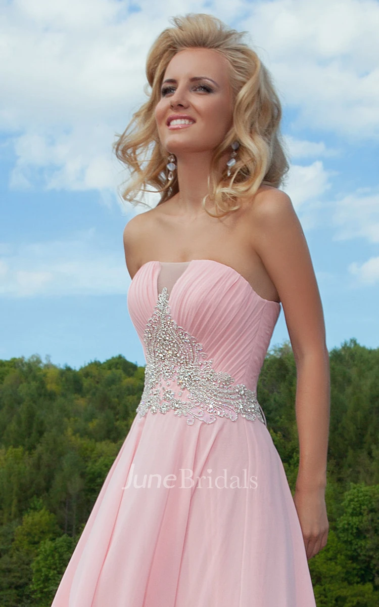 Ruched Strapless Sleeveless Long Chiffon Prom Dress With Beading
