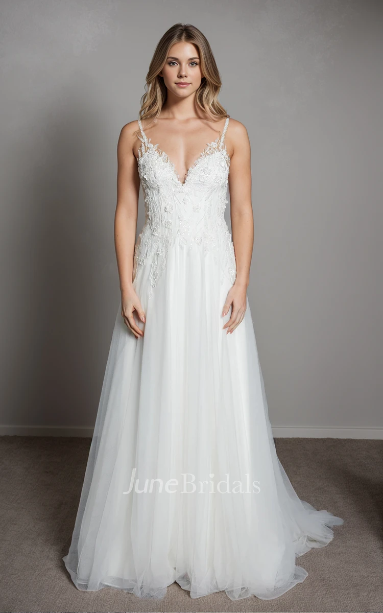 Ethereal Romantic A-Line Straps Sleeveless Lace Flowers Tulle Wedding Dress Sexy Elegant Garden Floor-length V-neck Bridal Gown with Train Deep-V Back