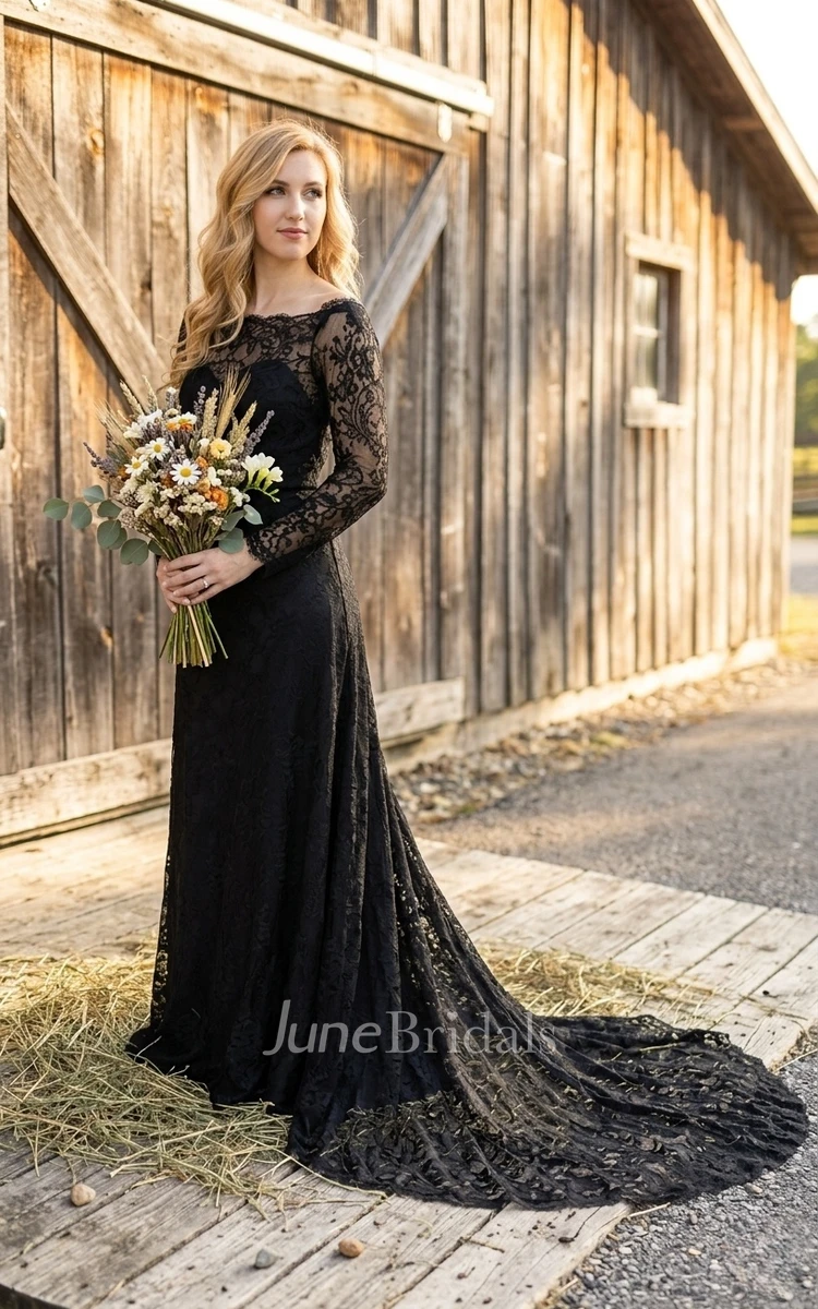 Modest Sheath Bateau Neck Lace Appliques Long Sleeve Floor-length Black Wedding with Train