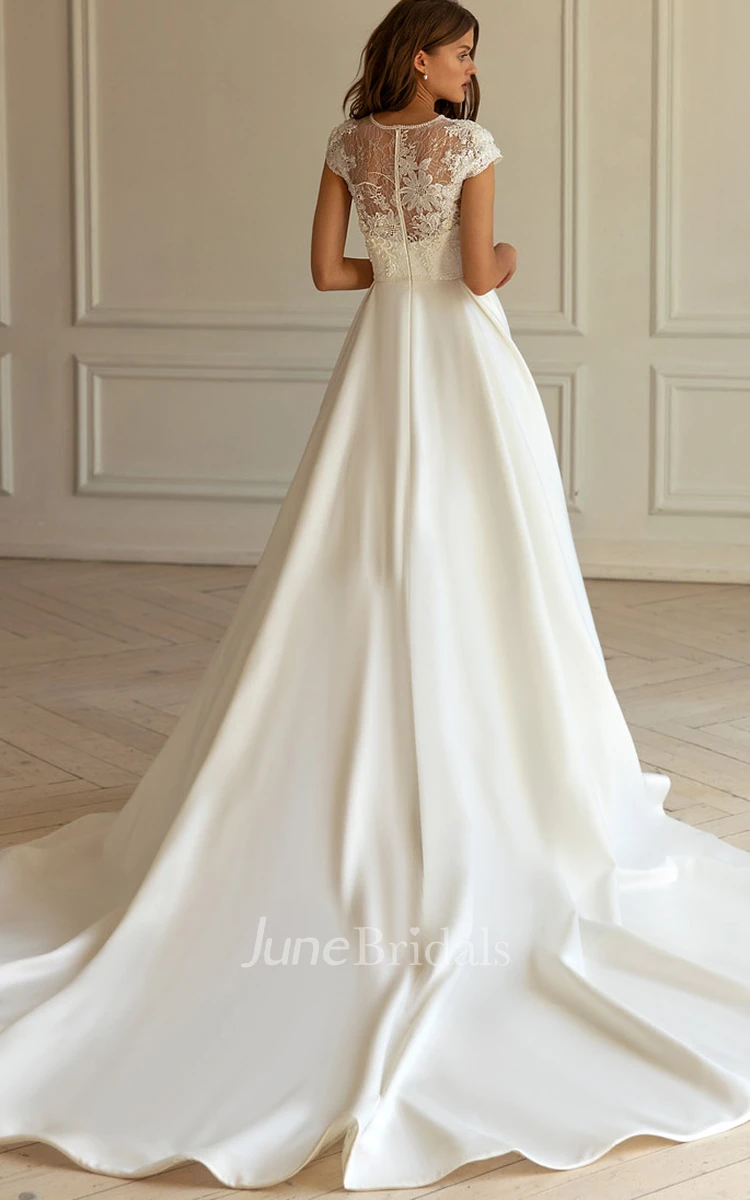 Romantic A Line Floor-length Short Sleeve Lace Jewel Wedding Dress with Appliques
