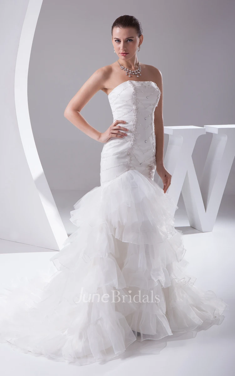 Strapless A-Line Tulle Dress With Ruffles and Beading