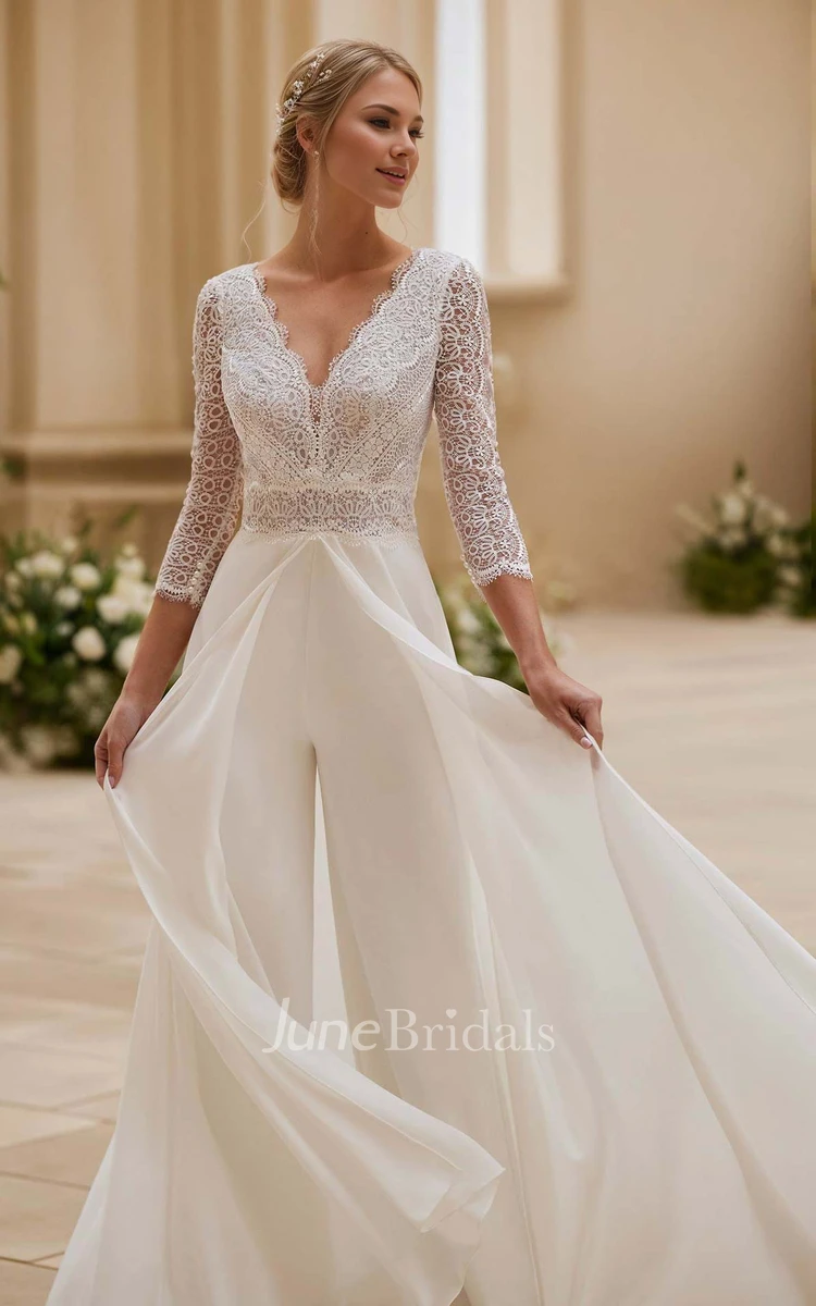 Vintage Elegant A-Line Jumpsuit Plunging Neckline Chiffon Lace Wedding Dress Romantic Garden Floor-length Long Sleeve Button Illusion Back Bridal Gown