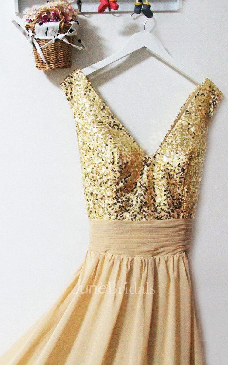 Gold Sequin V-neck A-line Chiffon Dress - June Bridals