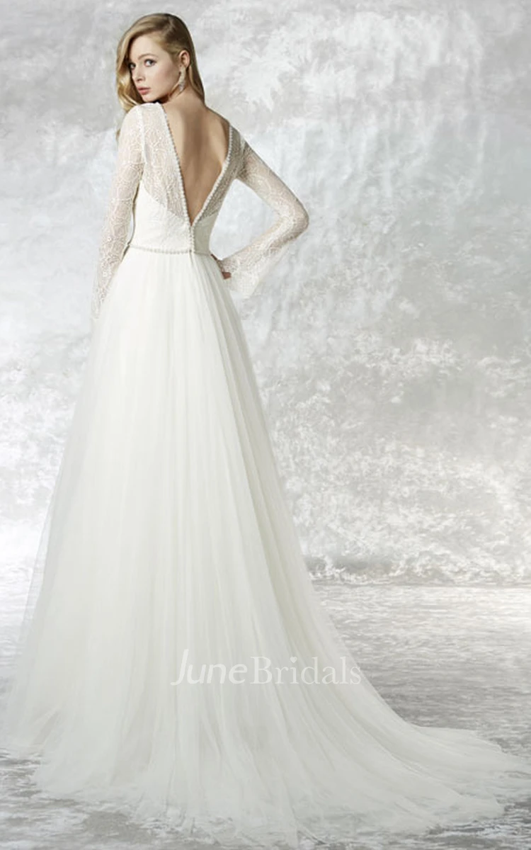 A-Line Illusion Sleeve Lace V-Neck Tulle Wedding Dress With Brush Train
