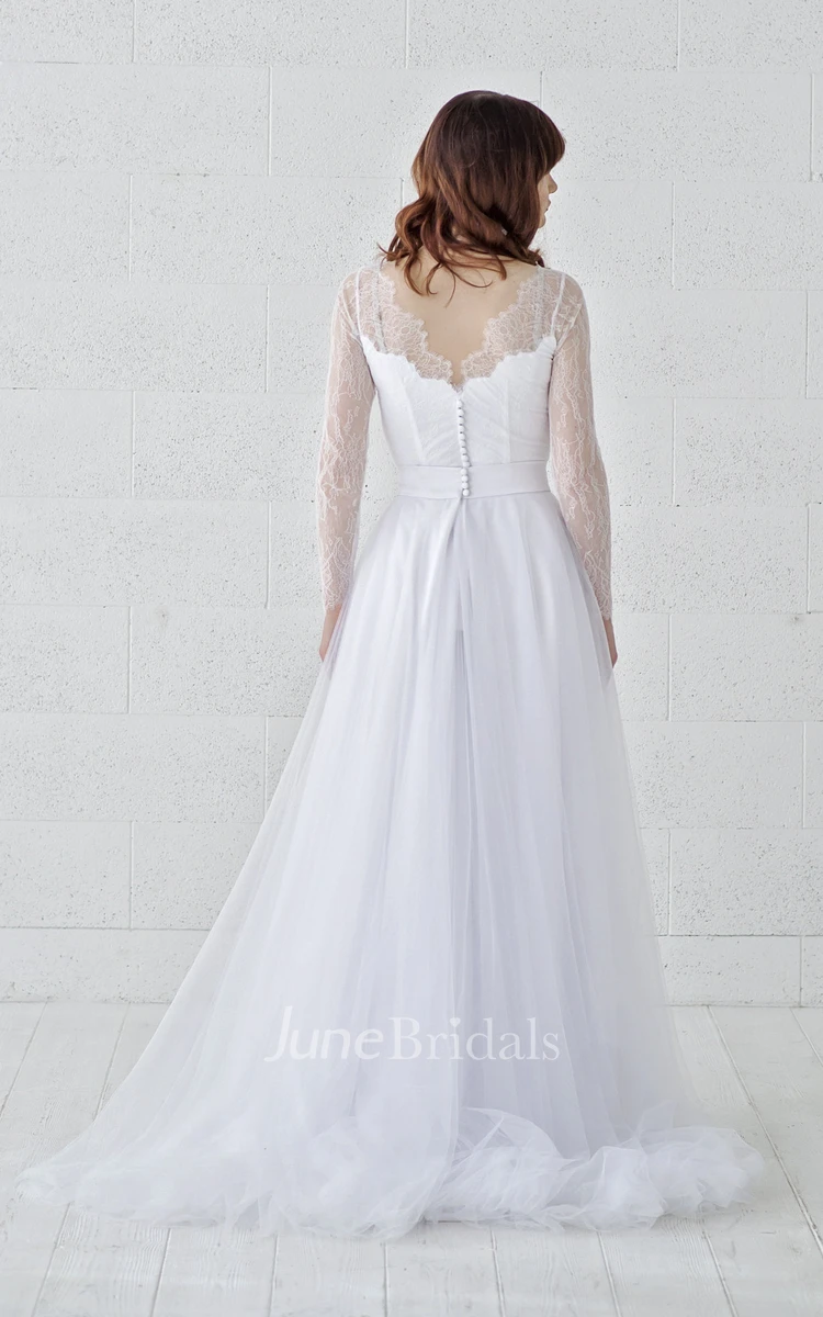 Long Sleeve Scalloped Illusion Lace Tulle Wedding Gown With Button Back