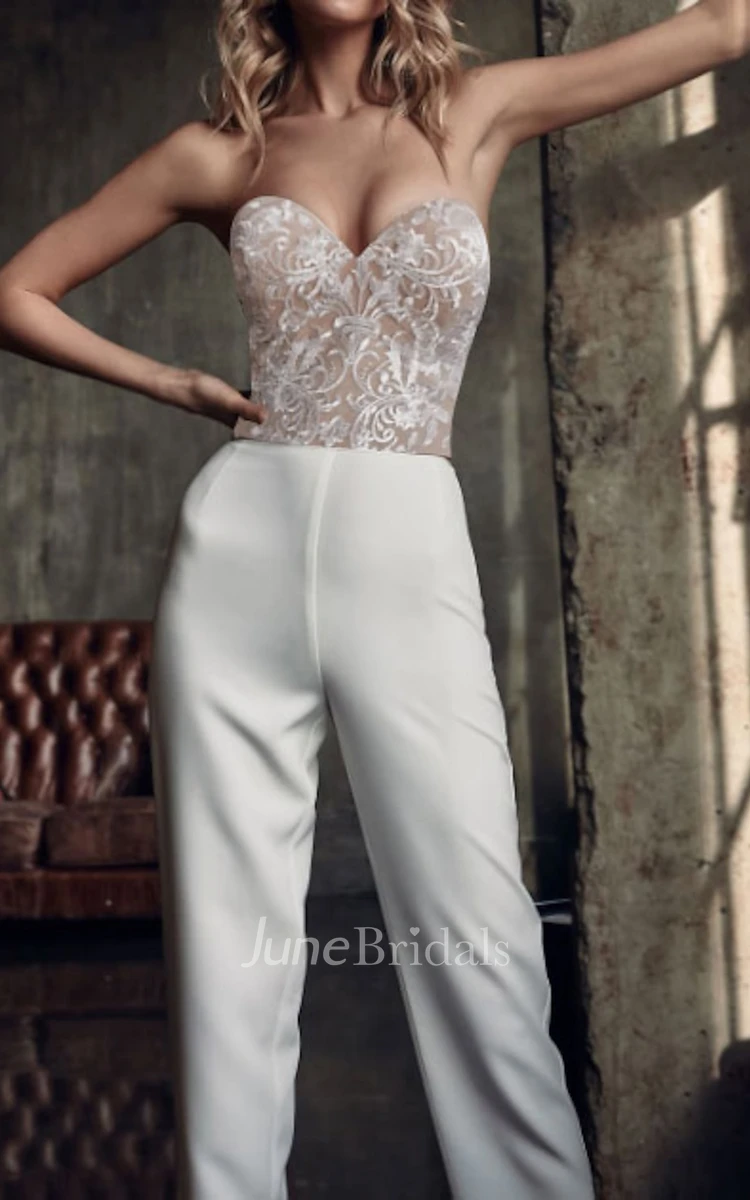 Two Piece Sweetheart Satin Wedding Dress Jumpsuit Sexy Romantic Spring Adorable Beach Western With Long Sleeves 