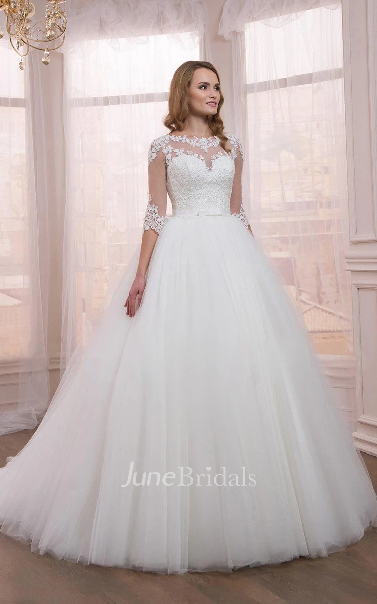 Half Sleeve Tulle Ball Gown Dress With Appliques