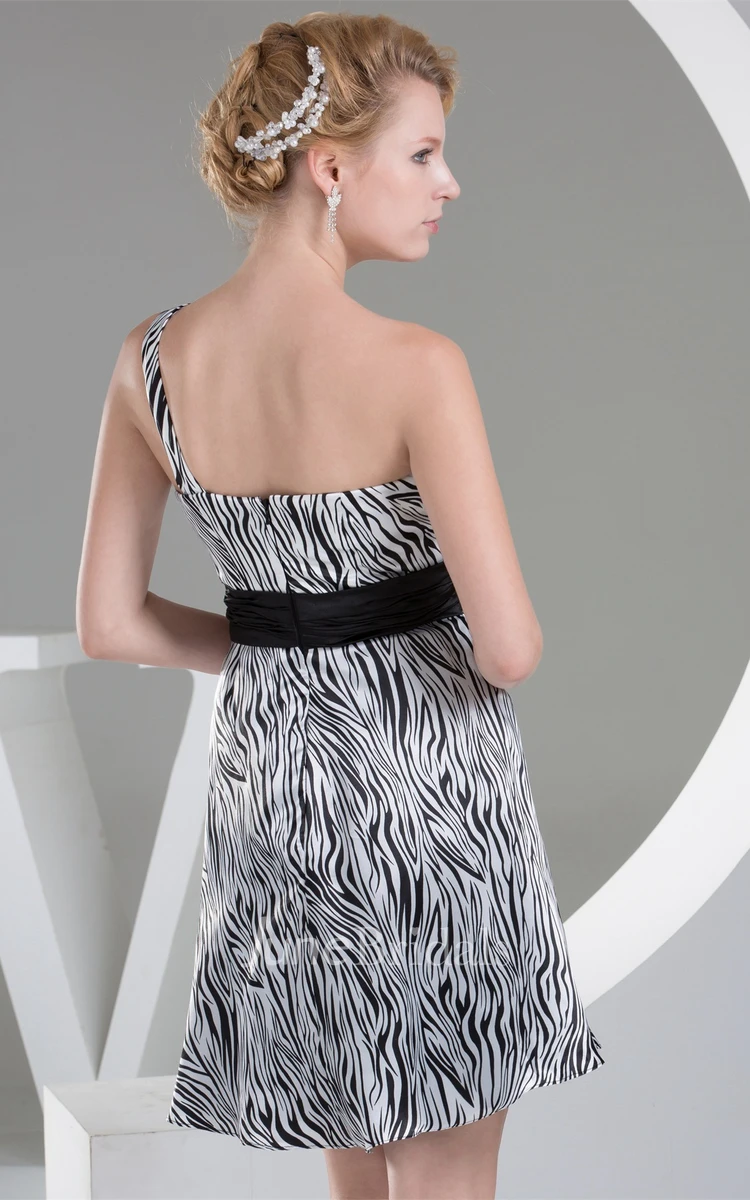 Ruched One-Shoulder A-Line Mini-Length Gown with Bowed Sash