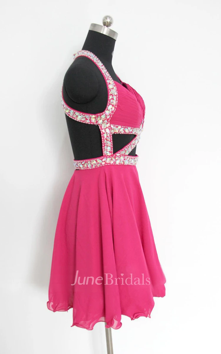 Short Halter Chiffon Dress With Beading And Open Back