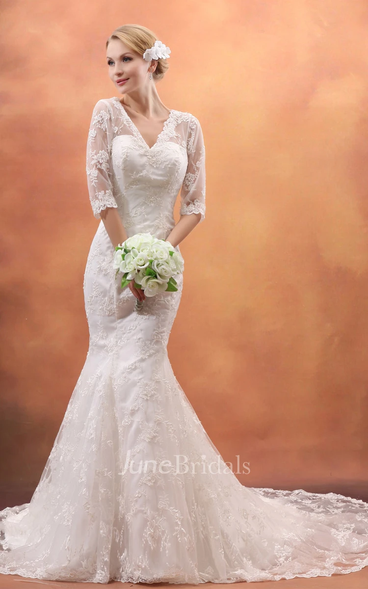 Deep Half-Sleeve Siren V-Neck Gown With Lace Appliques