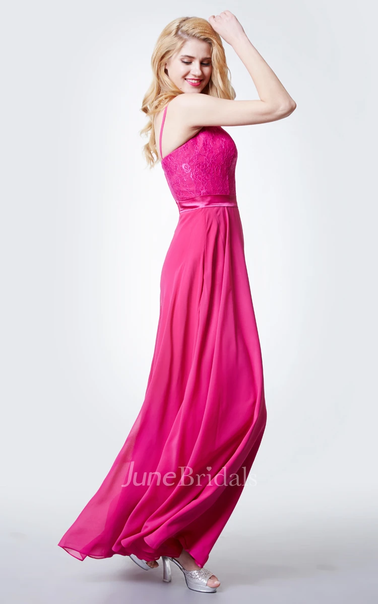 Chic Jewel Neck Long Chiffon Dress With Lace Bodice