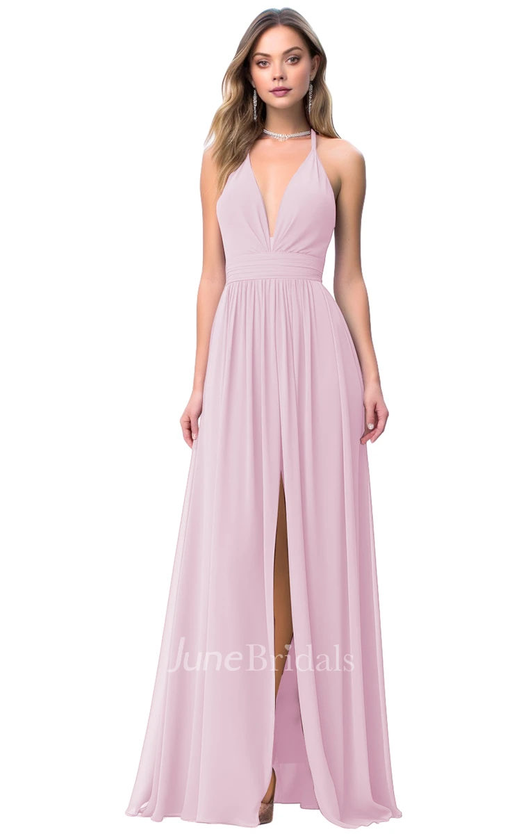 Gorgeous A-Line Plunging Neck Bridesmaid Dress with Split Front