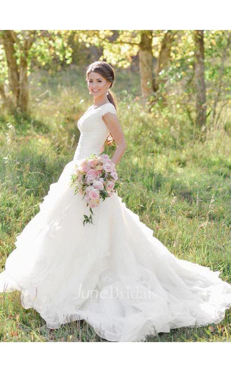 Cowboy Boots V-neck Ruffles Tiered Skirt A-line Lace Organza Wedding Dress with Cap Sleeves