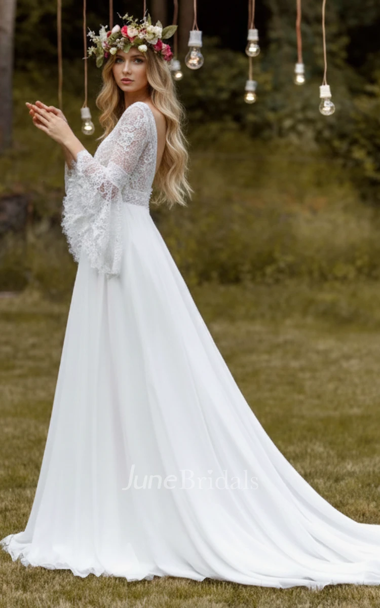Bohemian Elegant A-Line V-Neck Lace Chiffon Warm Wedding Dress Backless with Bell Sleeves