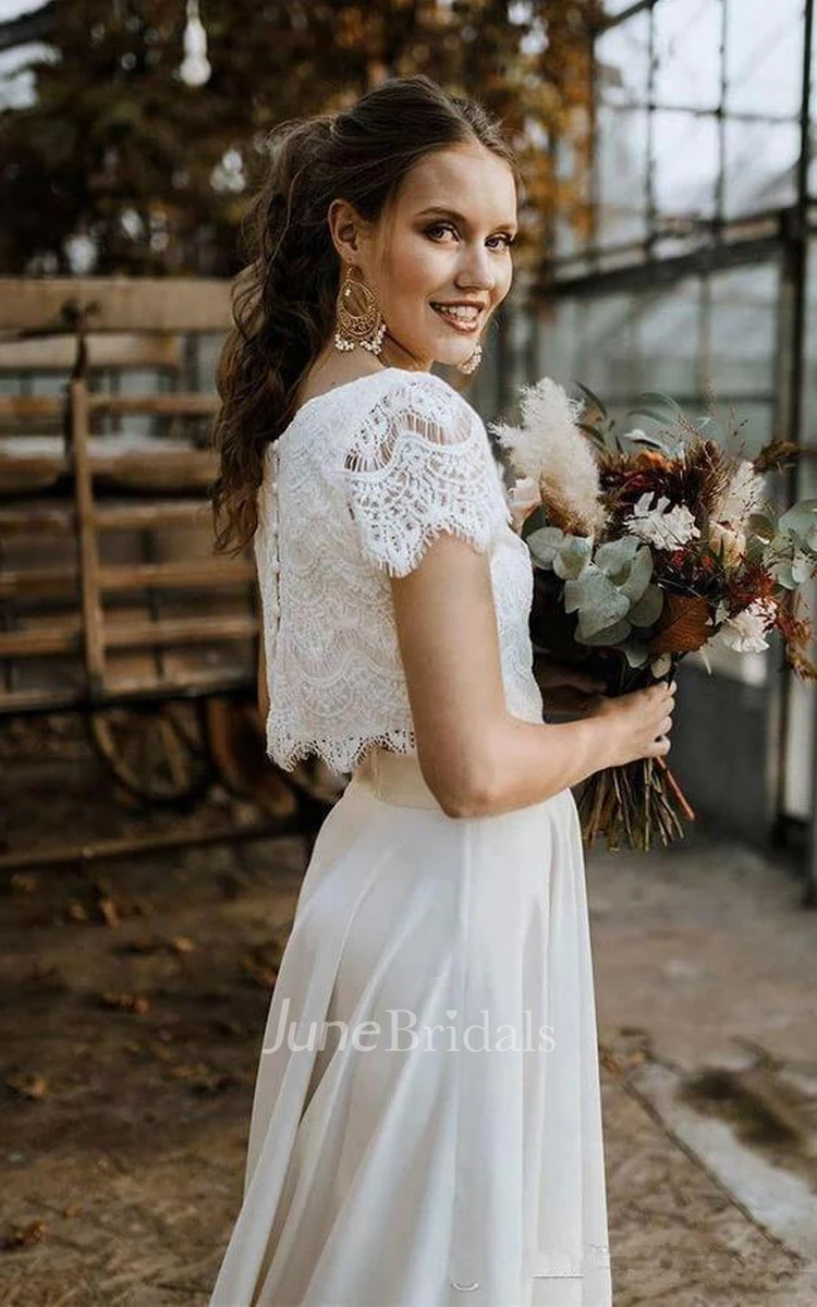 Vintage Boho Two-Piece Wedding Dress Bateau Satin and Lace Short Sleeve Bridal Dress with Pleats and Sweep Train