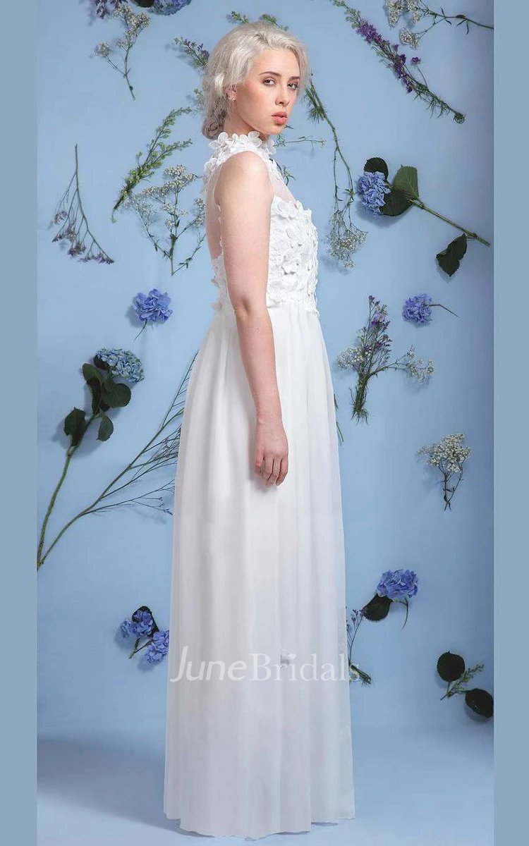 High Neck Illusion Sleeve Chiffon Lace Wedding Dress