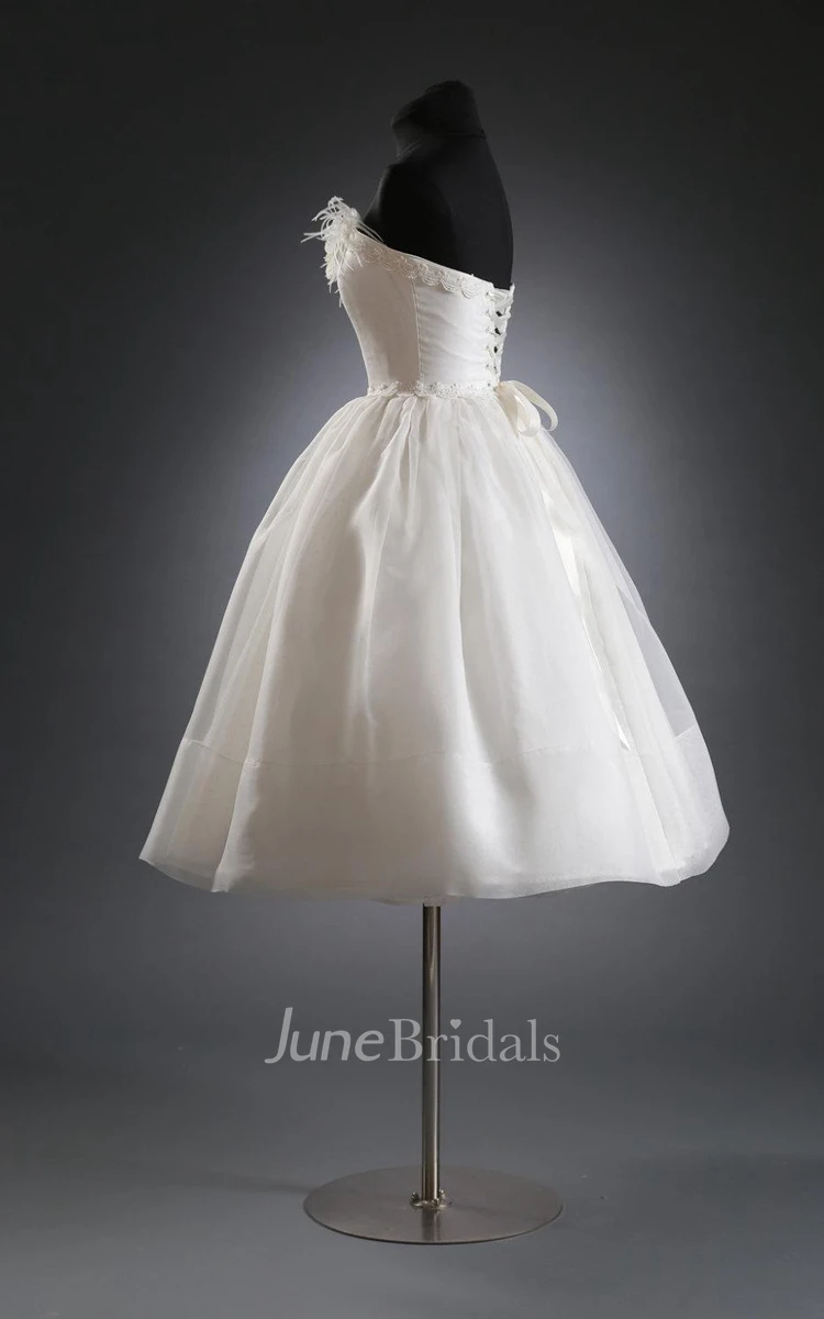 Tea-Length Organza Wedding Dress With Flower and Beading