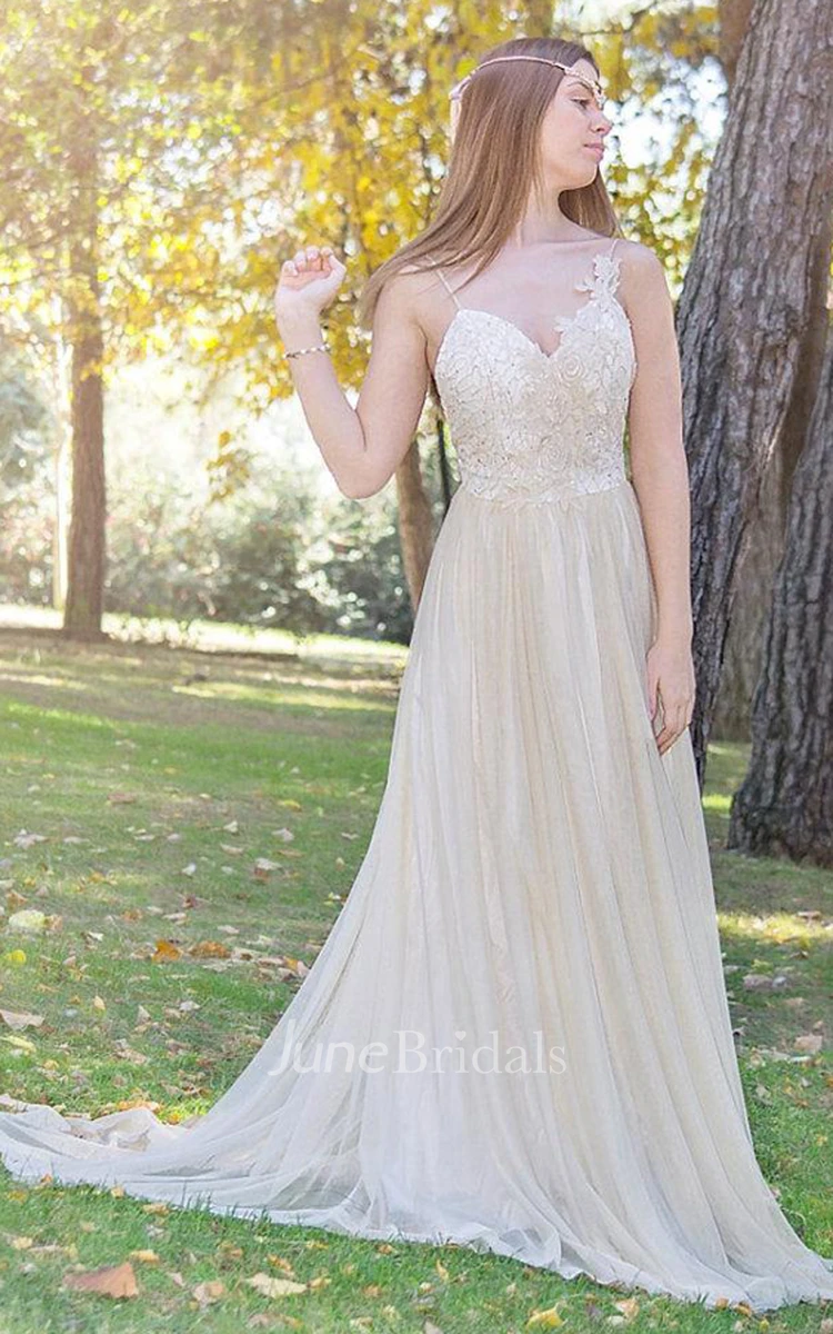 Exquisite Spaghetti Tulle Pleated Wedding Dress With Appliques