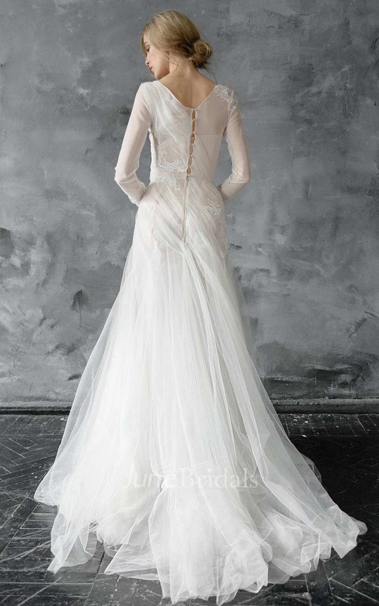 Ethereal Scoop-Neck Illusion Long Sleeve Tulle Dress With Beading And Appliques