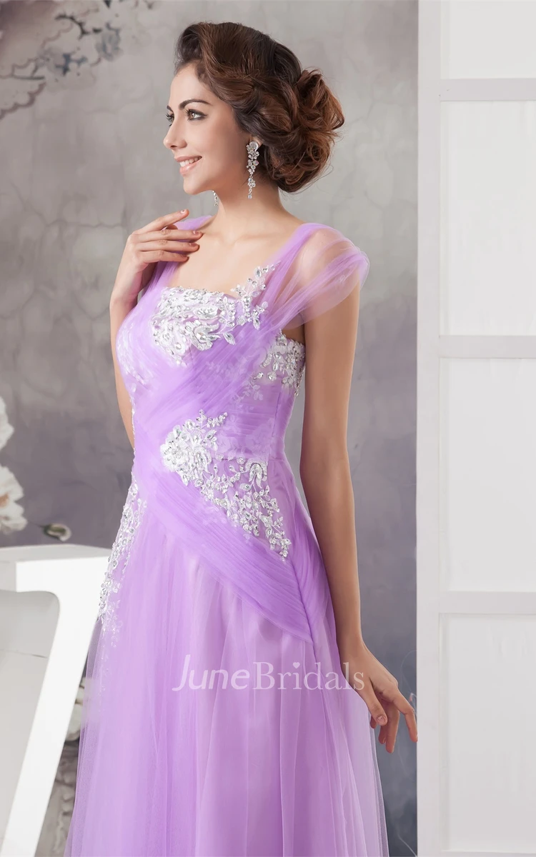 Strapped Tulle Floor-Length Dress with Appliques