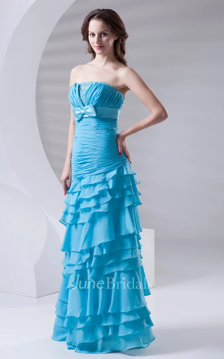 Chiffon Tiered Maxi Dress with Bow and Rhinestone