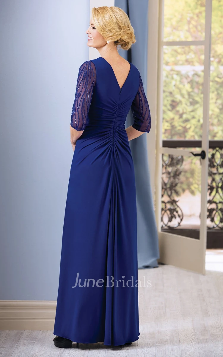 V-neck Half Sleeve Chiffon Mother of the Bride Dress With Beading