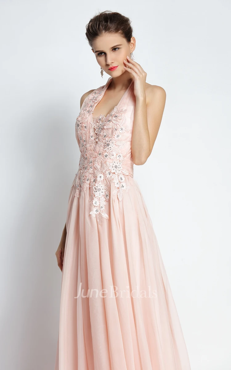A-Line Halter Sleeveless Floor-length Sweep Brush Train Chiffon Prom Dress with Open Back and Beading