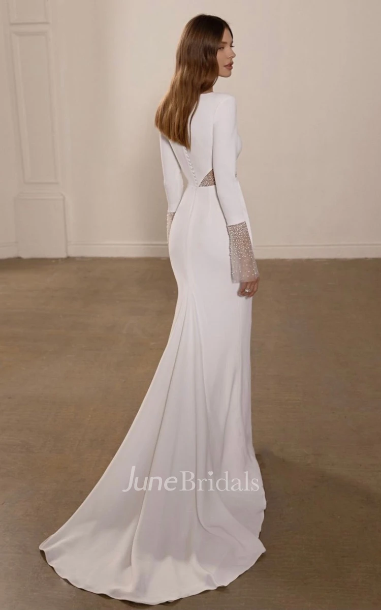 Elegant Modest Long Sleeve Wedding Dress Sheath Bateau Satin Minimalist Gown with Split
