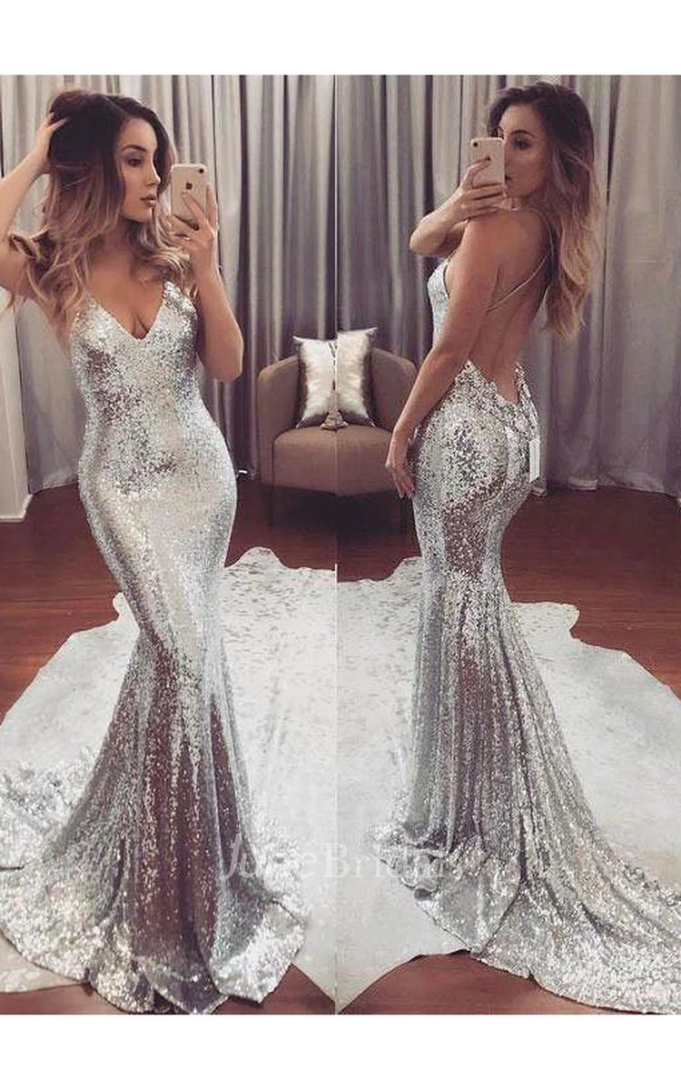 Sexy Backless Sparkly Mermaid Sequin Evening Prom Dress