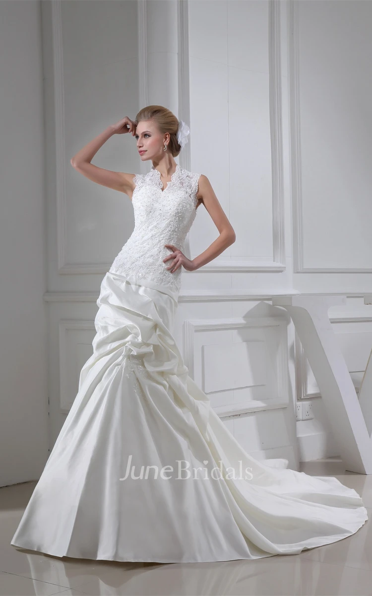 Sleeveless Pick-Up A-Line Ball Gown with Stress and Appliques