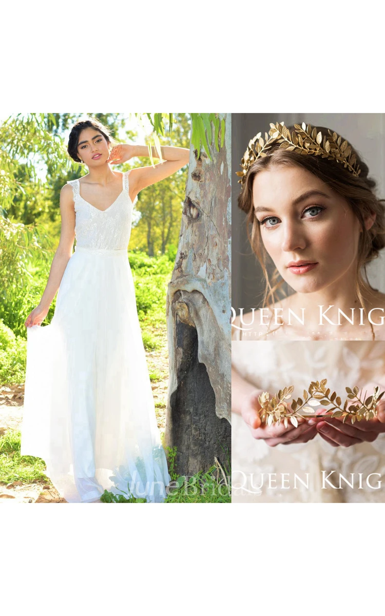 V-Neck Sleeveless Chiffon Wedding Dress and Handmade Laurel Olive Gold Hair Hoop Crown