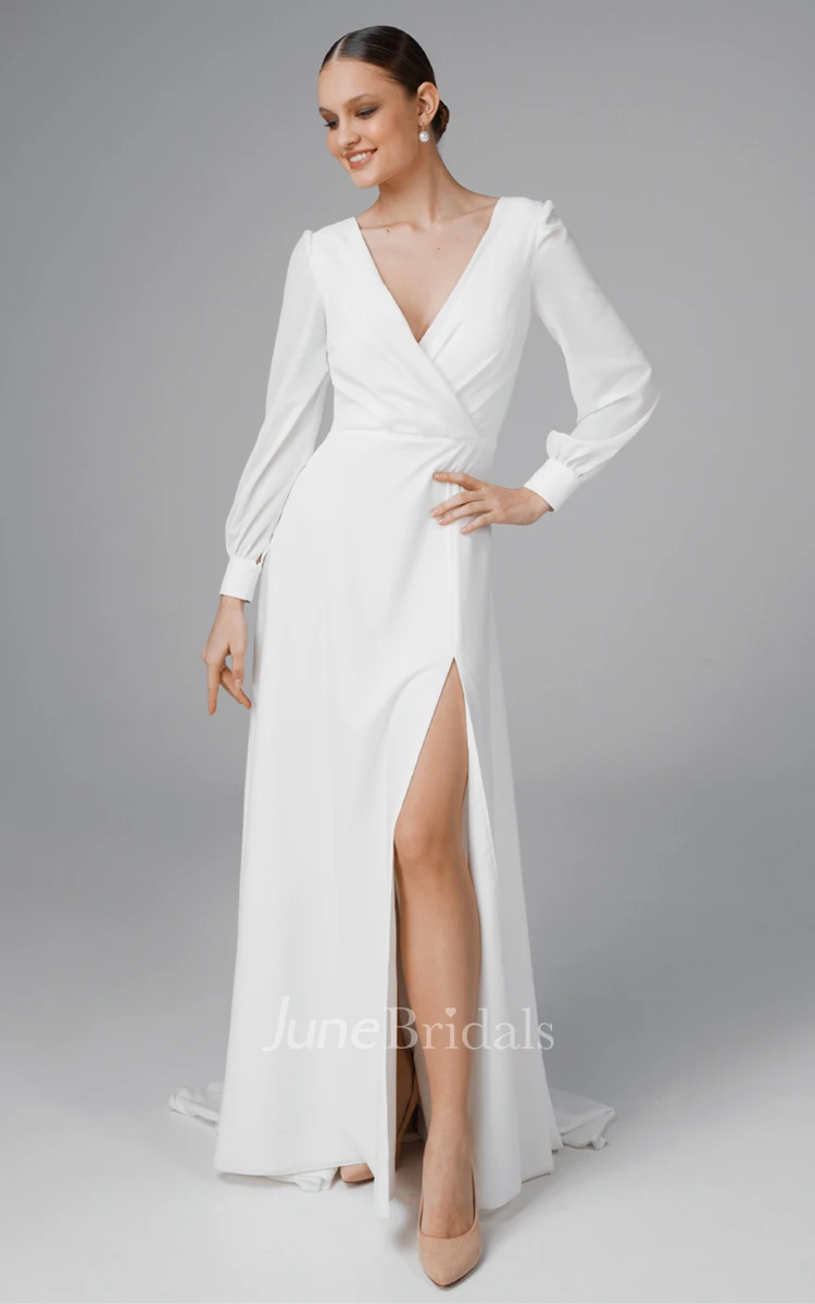 Simple A Line V-neck Chiffon Sweep Train Wedding Dress with Split Front