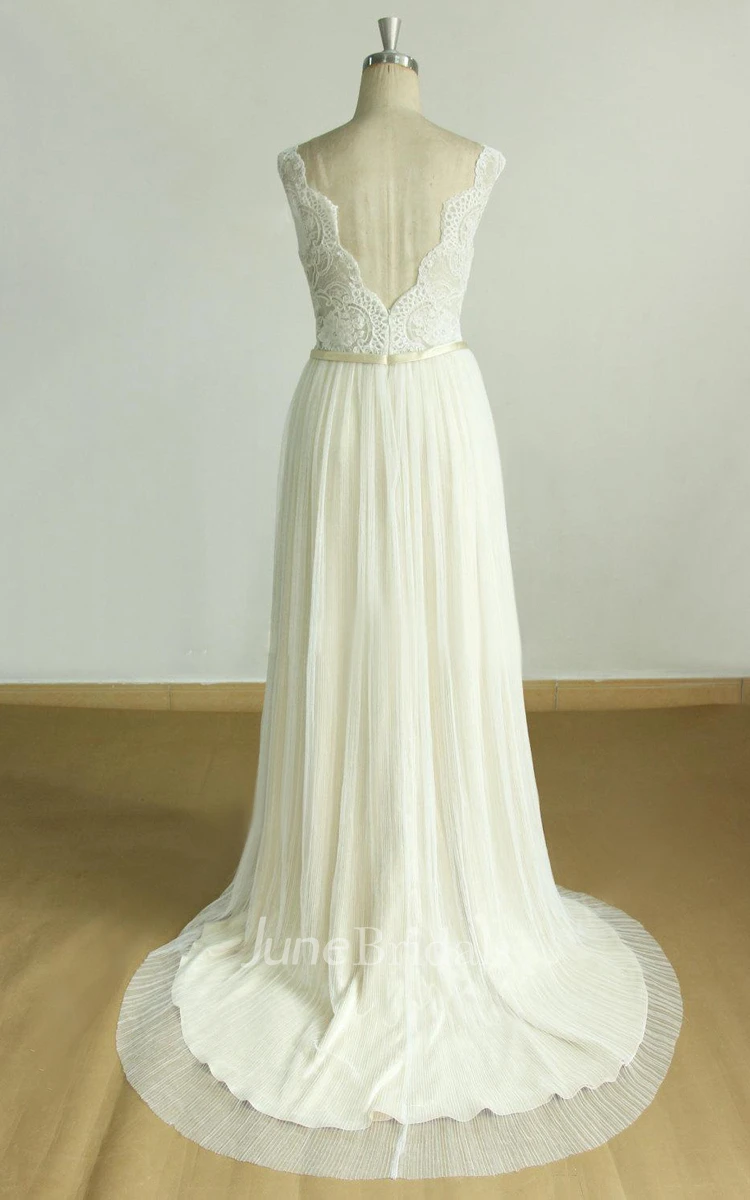 A-Line Tulle Lace Satin Weddig Dress With Pleats