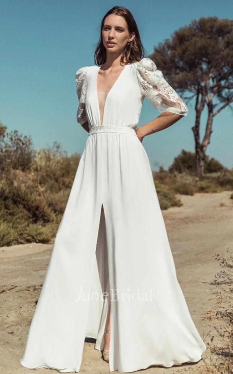 Plunging Neckline A-Line Satin Romantic Wedding Dress With Split Front And Half Sleeve
