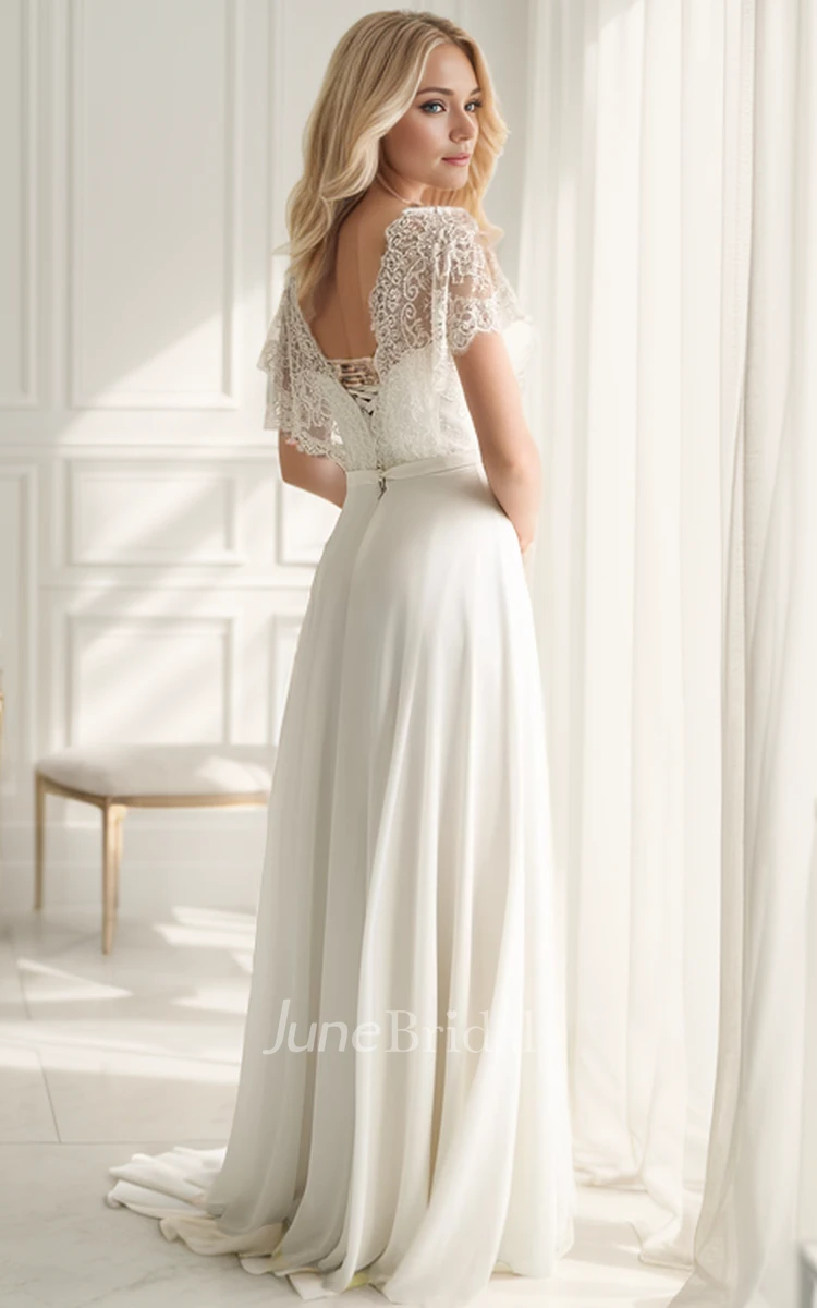 Modest Short Sleeves Long Wedding Gown Modern Ethereal Sweetheart Tied Back Dress