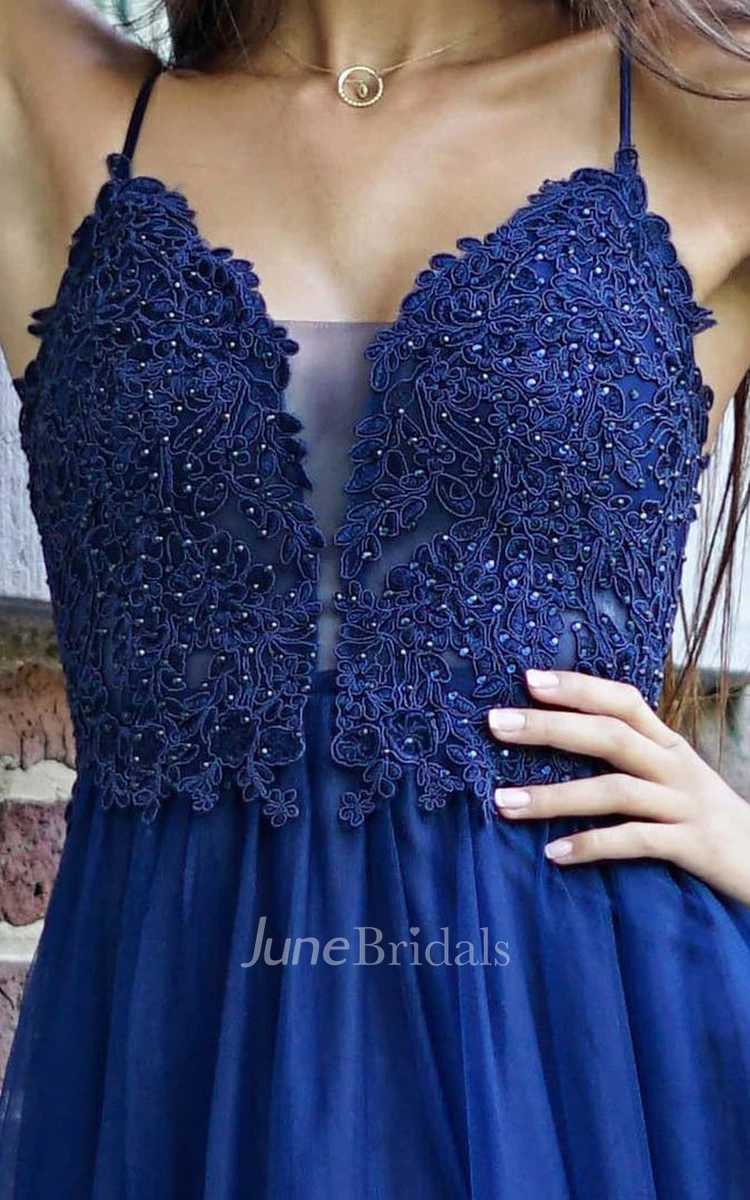 Simple A Line Tulle V-neck Sleeveless Prom Dress with Appliques and Beading