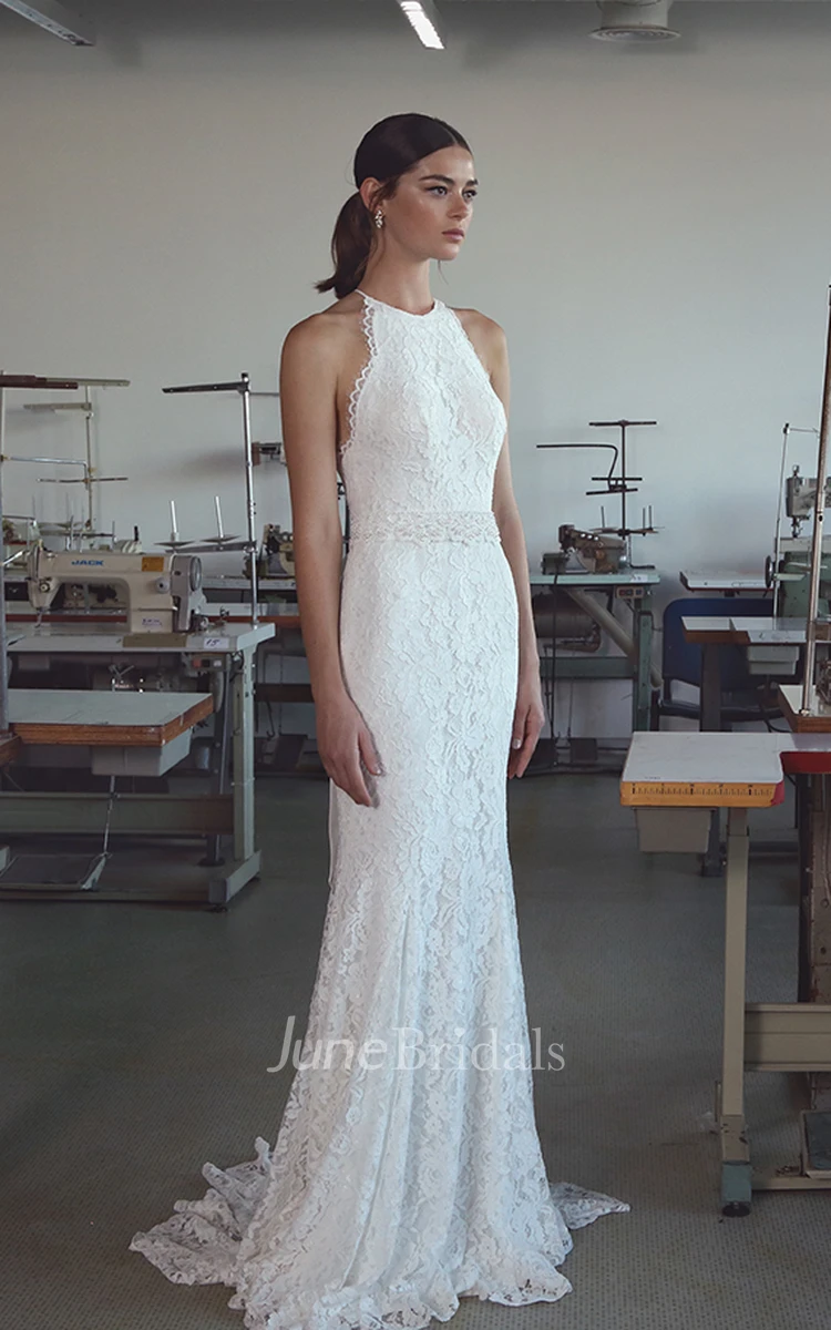 Ethereal Lace Halter Sleeveless Floor Length Bridal Gown with Bow