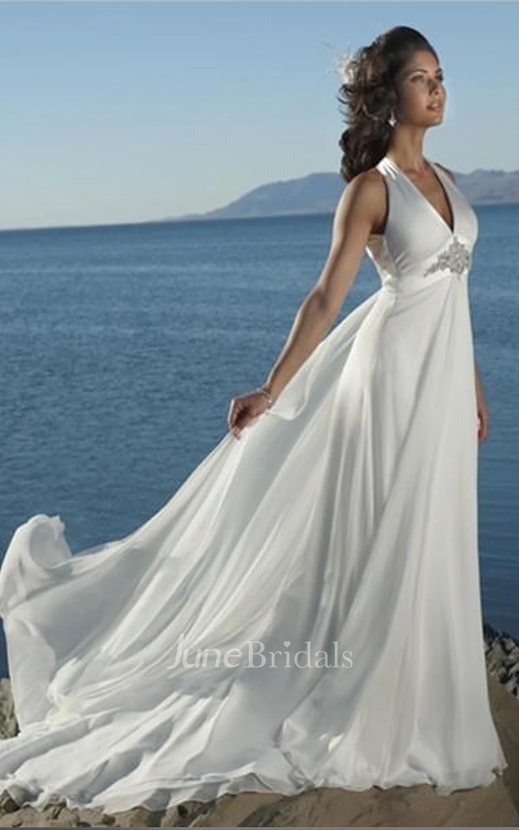 Sheath Column Empire V-neck Chiffon Beach Wedding Dress