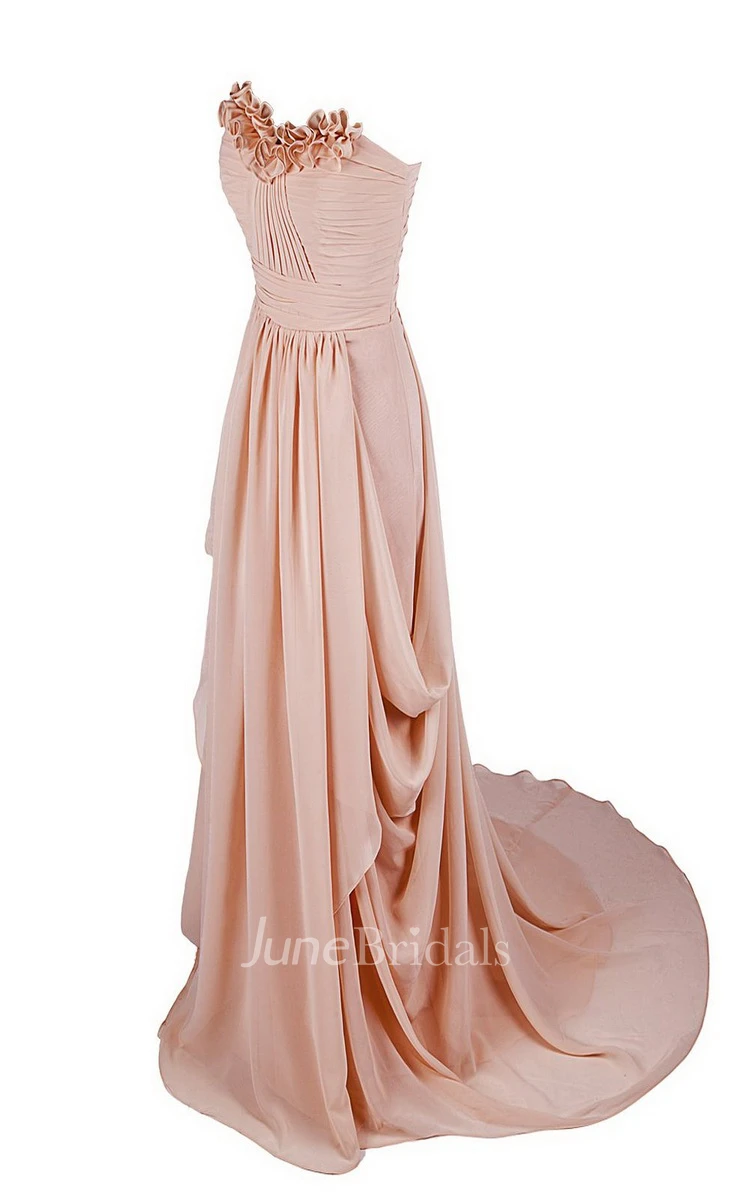 Floral Strapless Drapped Chiffon A-line Gown With Train