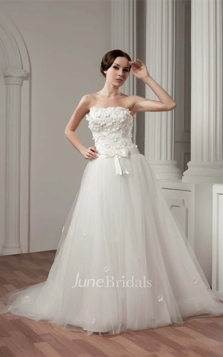 Strapless A-Line Gown with Floral Embellishment and Tulle Overlay