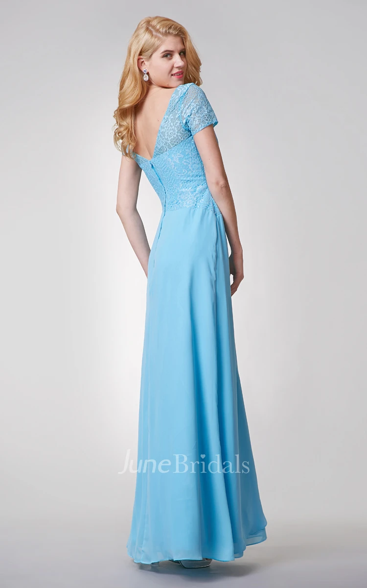 Short Sleeve A-line Long Chiffon Dress With Side Draping