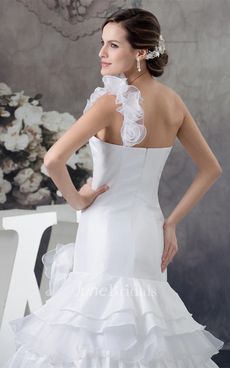 One-Shoulder Sweetheart A-Line Gown with Flower and Tiers