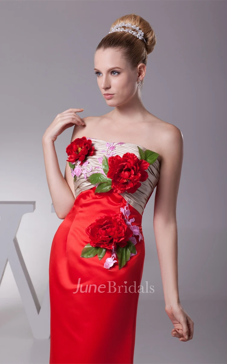 Floral Strapless Ruched Mermaid Satin Gown with Appliques