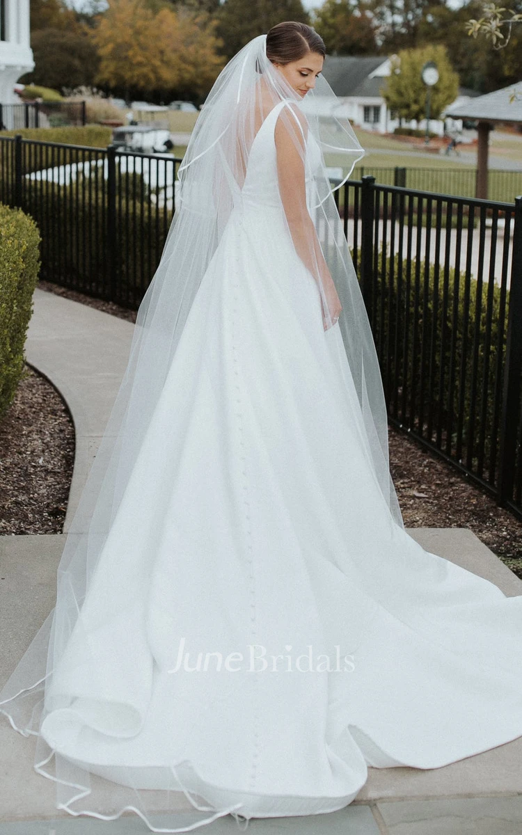 Casual A-Line V-neck Satin Wedding Dress With Low-V Back