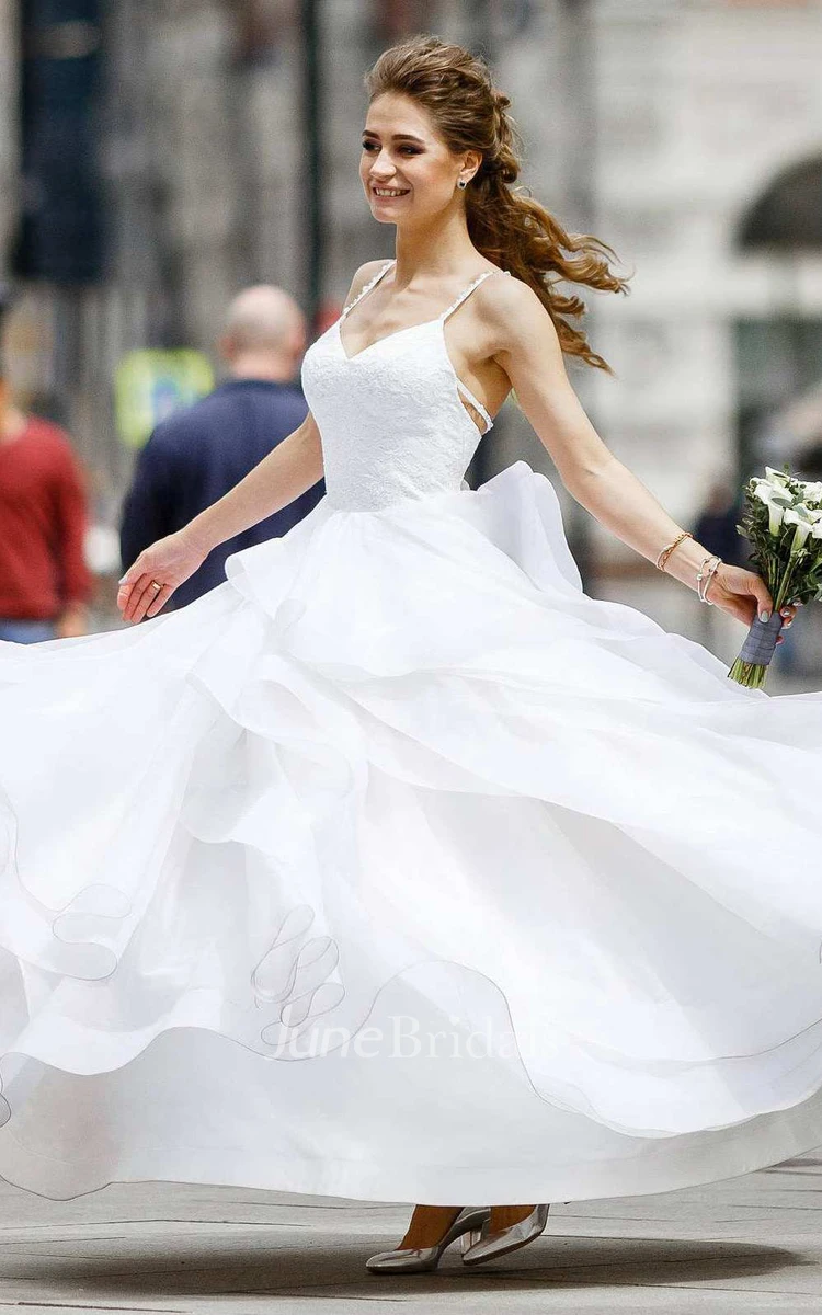 Flowy Spaghetti Layered Wedding Dress With Lace Top