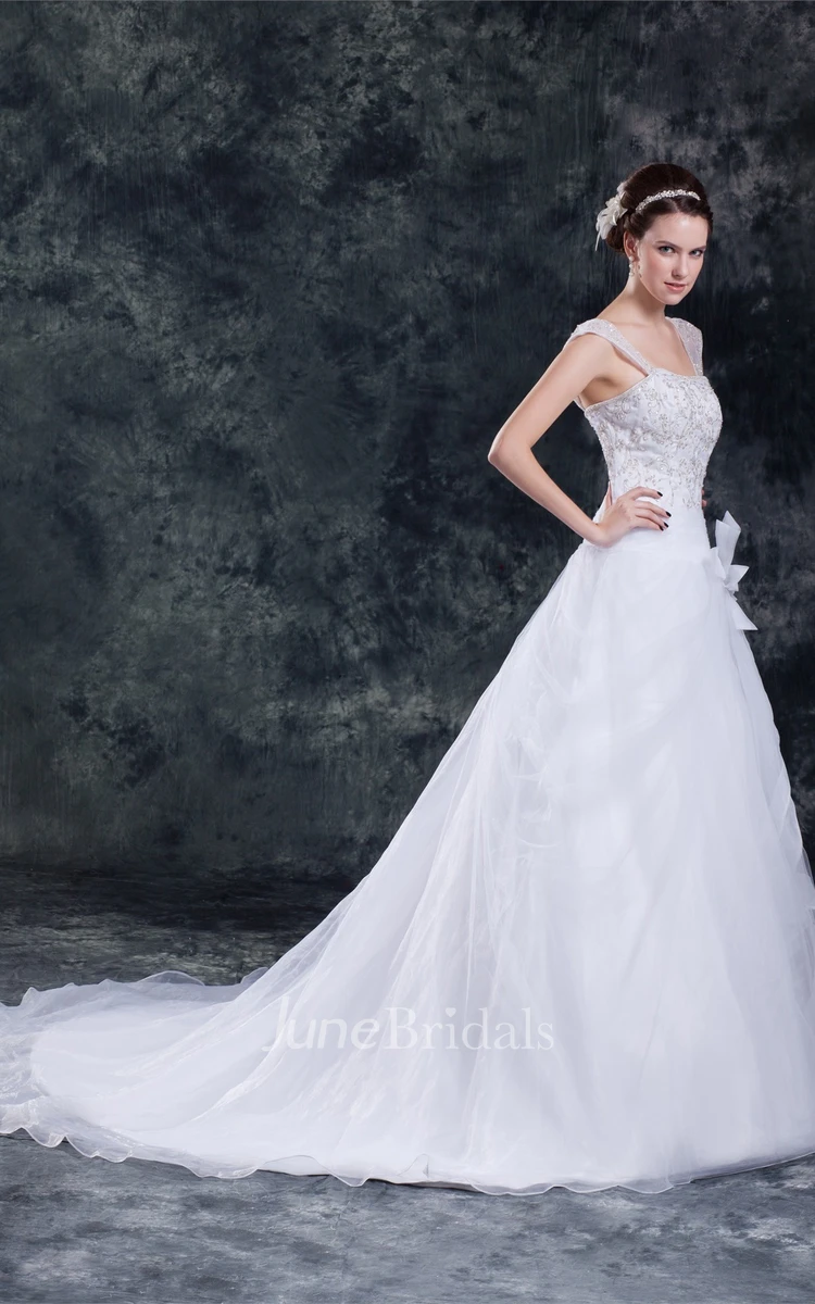 Caped-Sleeve Tulle A-Line Ball Gown with Beading and Embroideries