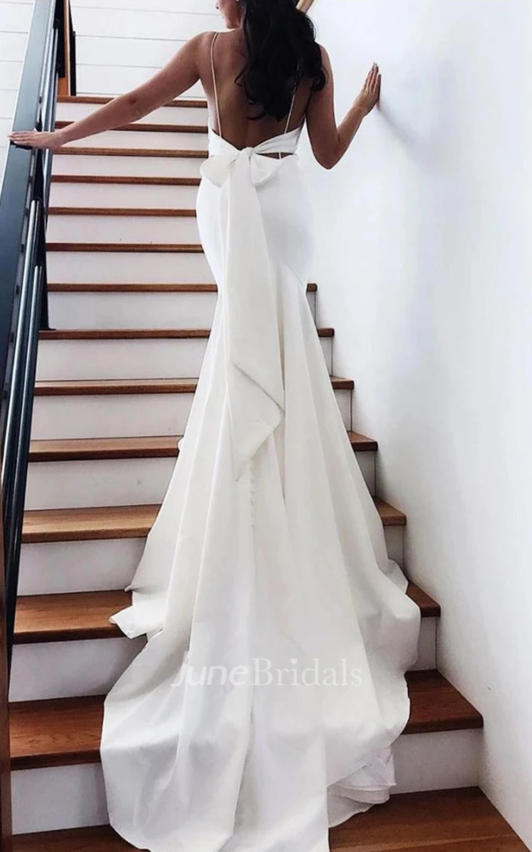 Simple Satin Mermaid Spaghetti Floor Length Wedding Dress with Bow