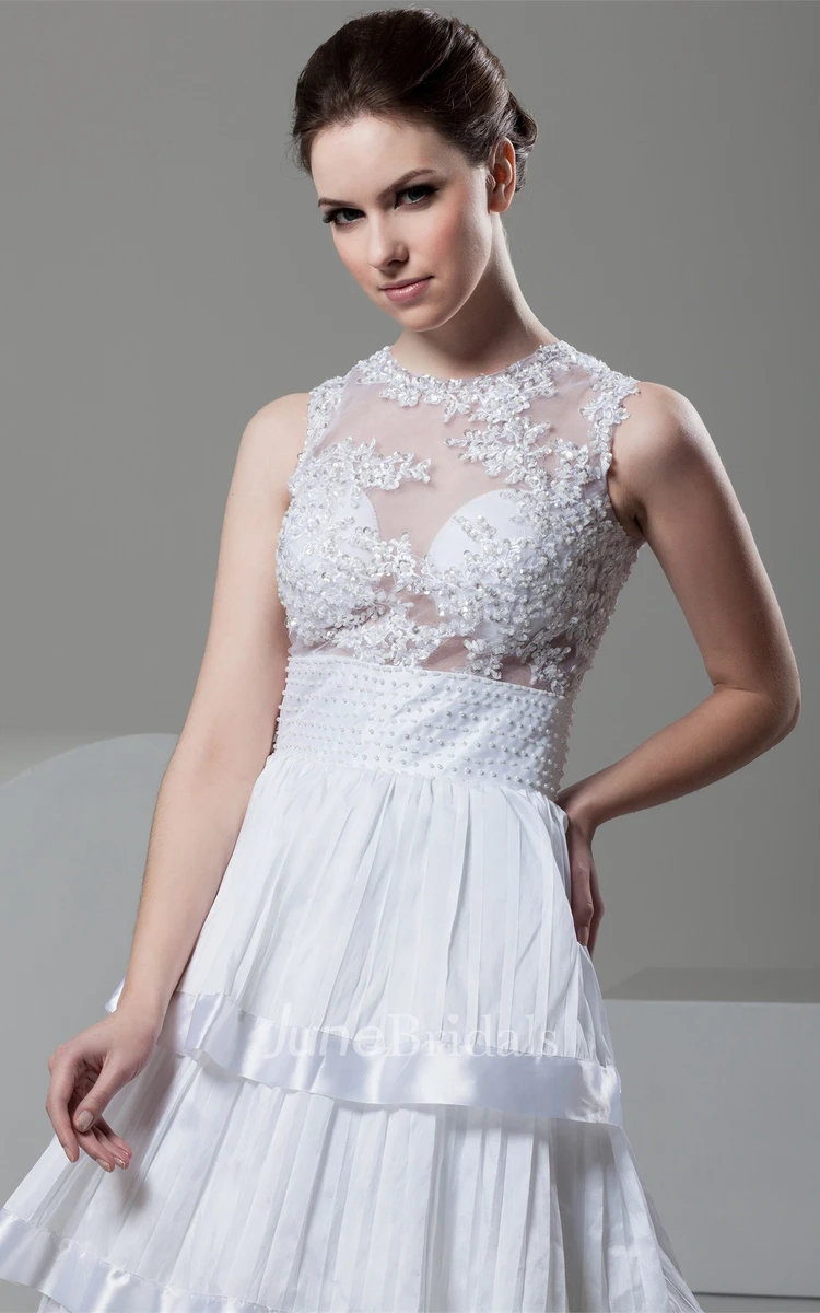 Sleeveless Tiered A-Line Gown with Appliques and Illusion Top