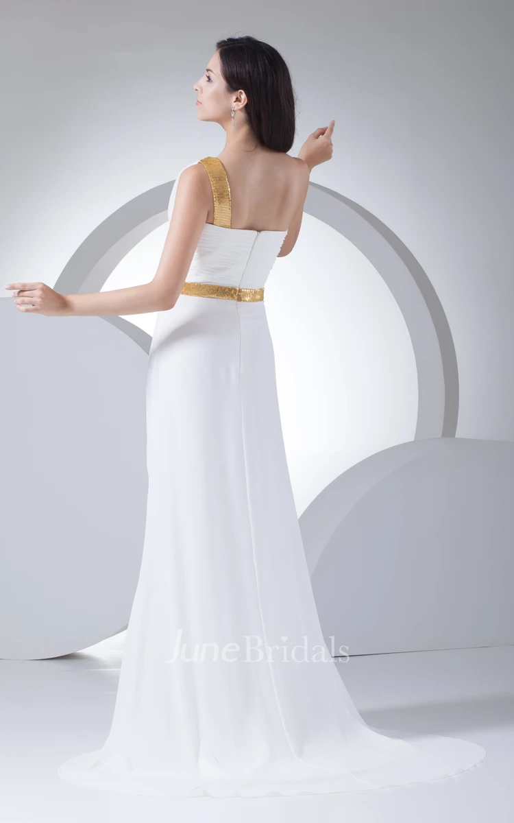 One-Shoulder Sequined Chiffon Dress With Beading and Front Slit