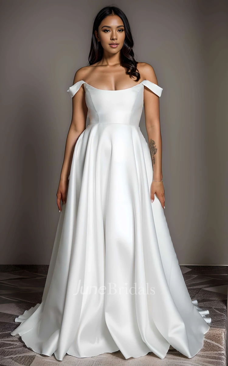 Simple Sexy Off-the-shoulder Straps A-Line Satin Wedding Dress Elegant Solid Big Bust Floor-length Sleeveless Draping Button Zipper Low-V Back Bridal Gown